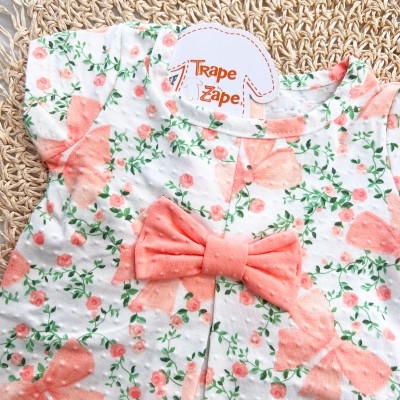 Conj. Blusa Floral com Laço e Short Ana Bola - Salmão e Off White